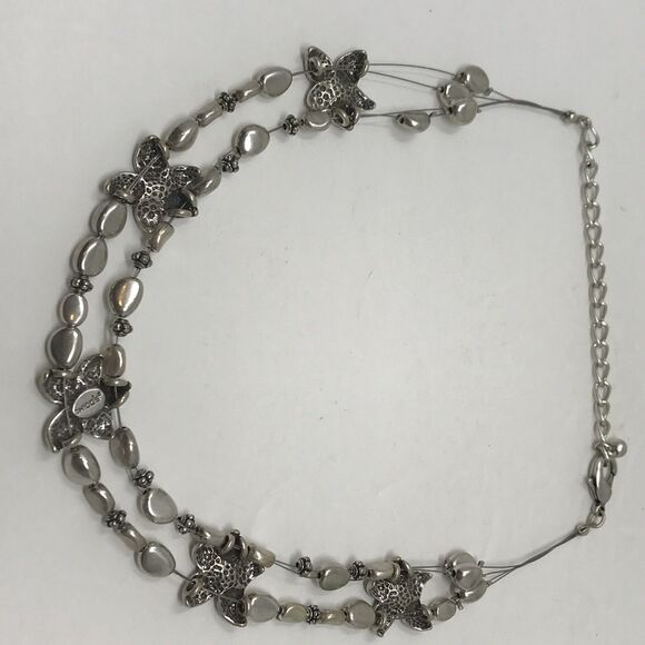 CHICO'S Necklace Silver Tone Beads Flower Floral Embossed Floating - Picture 8 of 12